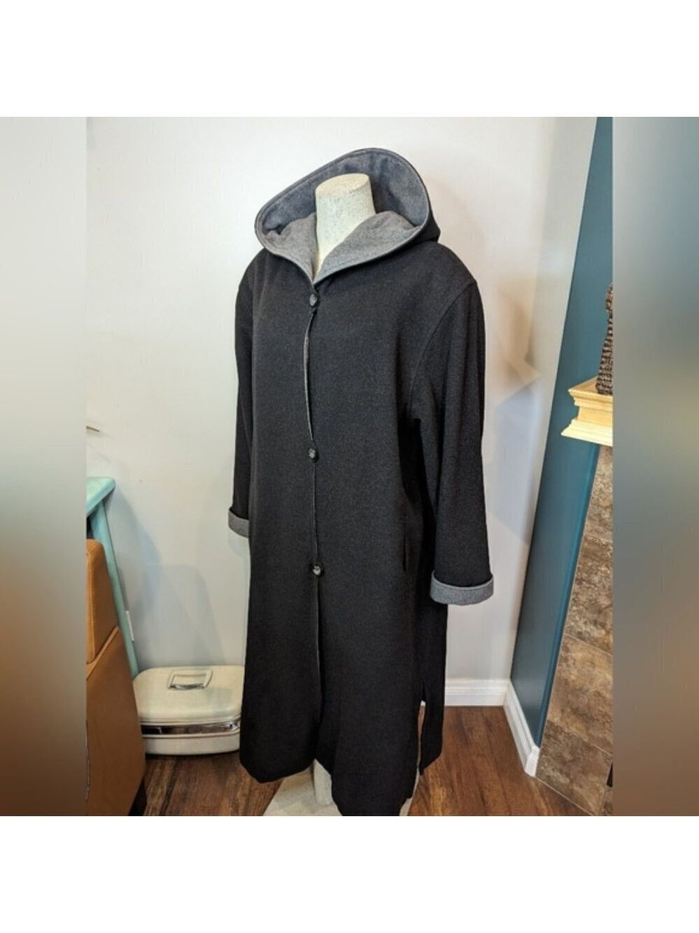 London Fog Wool Hooded trench coat, charcoal black and gray, Plus size 16